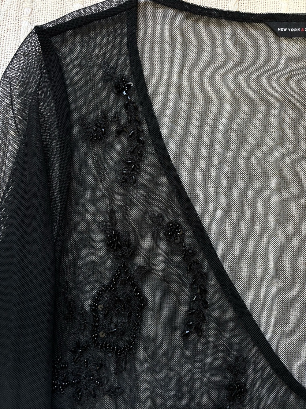 New York & Company Black Sheer Beaded Mesh Deep V-neck Top Whimsy Goth Y2K Large - Picture 6 of 11
